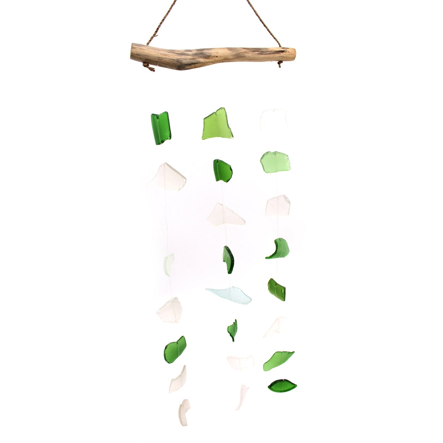 Handmade Driftwood and Recycled Glass Wind Chime - Three Drop / Green and White product packaging on clean background from Quintessential Holistic Health Ltd