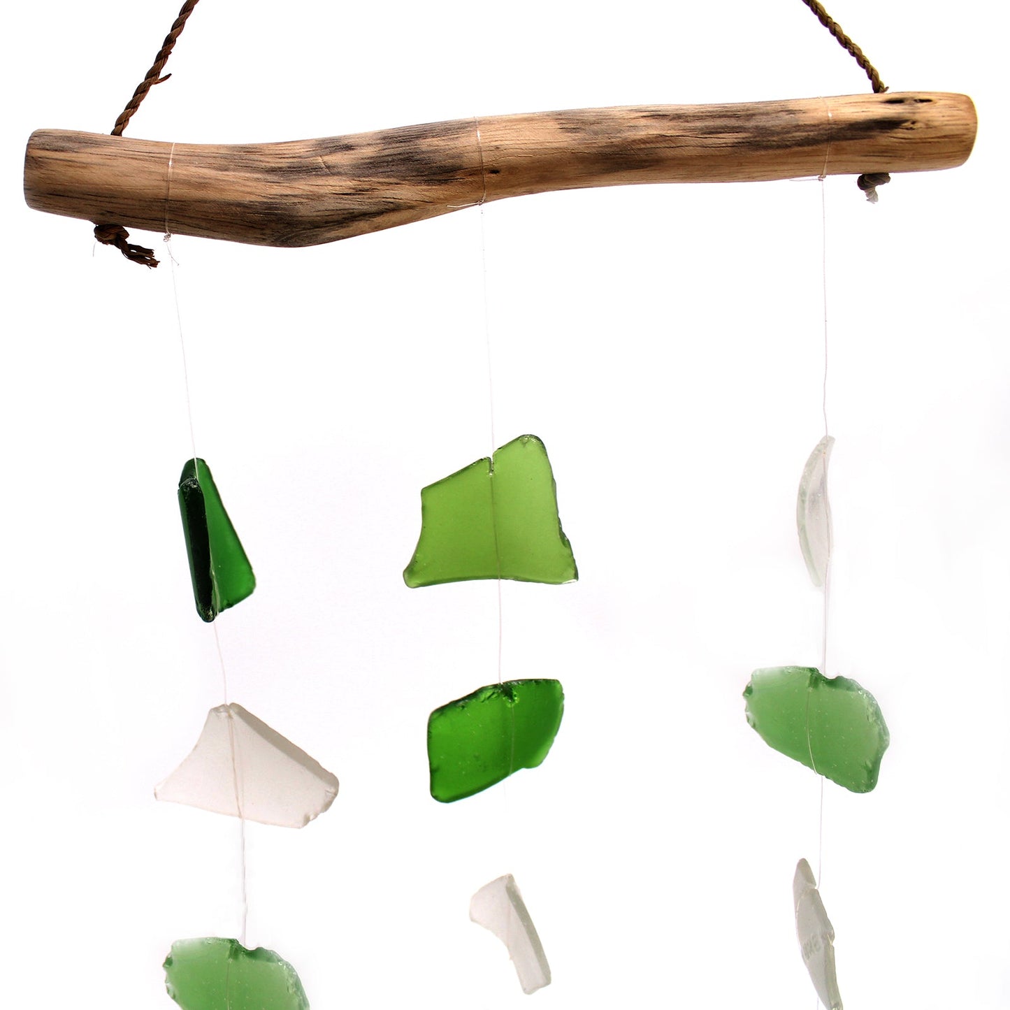 Handmade Driftwood and Recycled Glass Wind Chime - Three Drop / Green and White product packaging on clean background from Quintessential Holistic Health Ltd