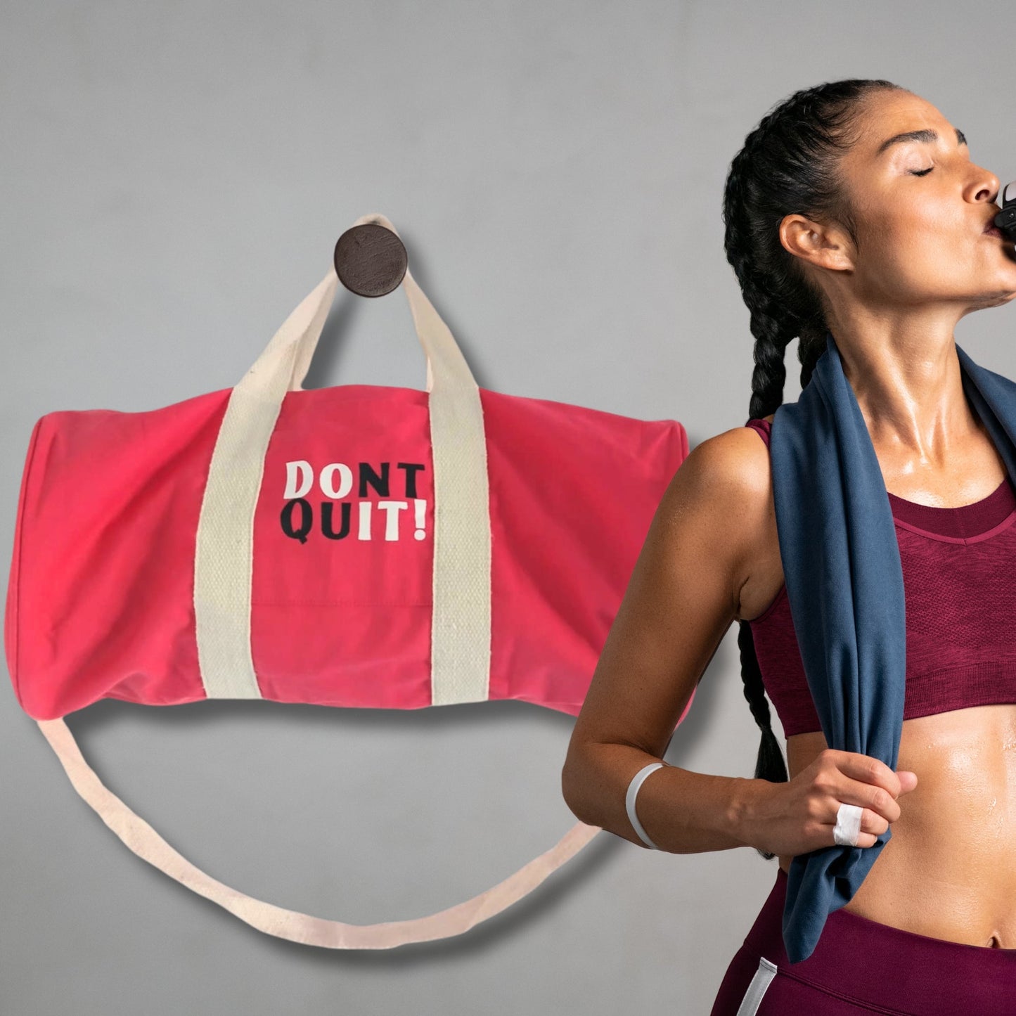 Eco-Friendly 100% Gym Bag - Don't Quit / Cherry Pink product packaging on clean background from Quintessential Holistic Health Ltd