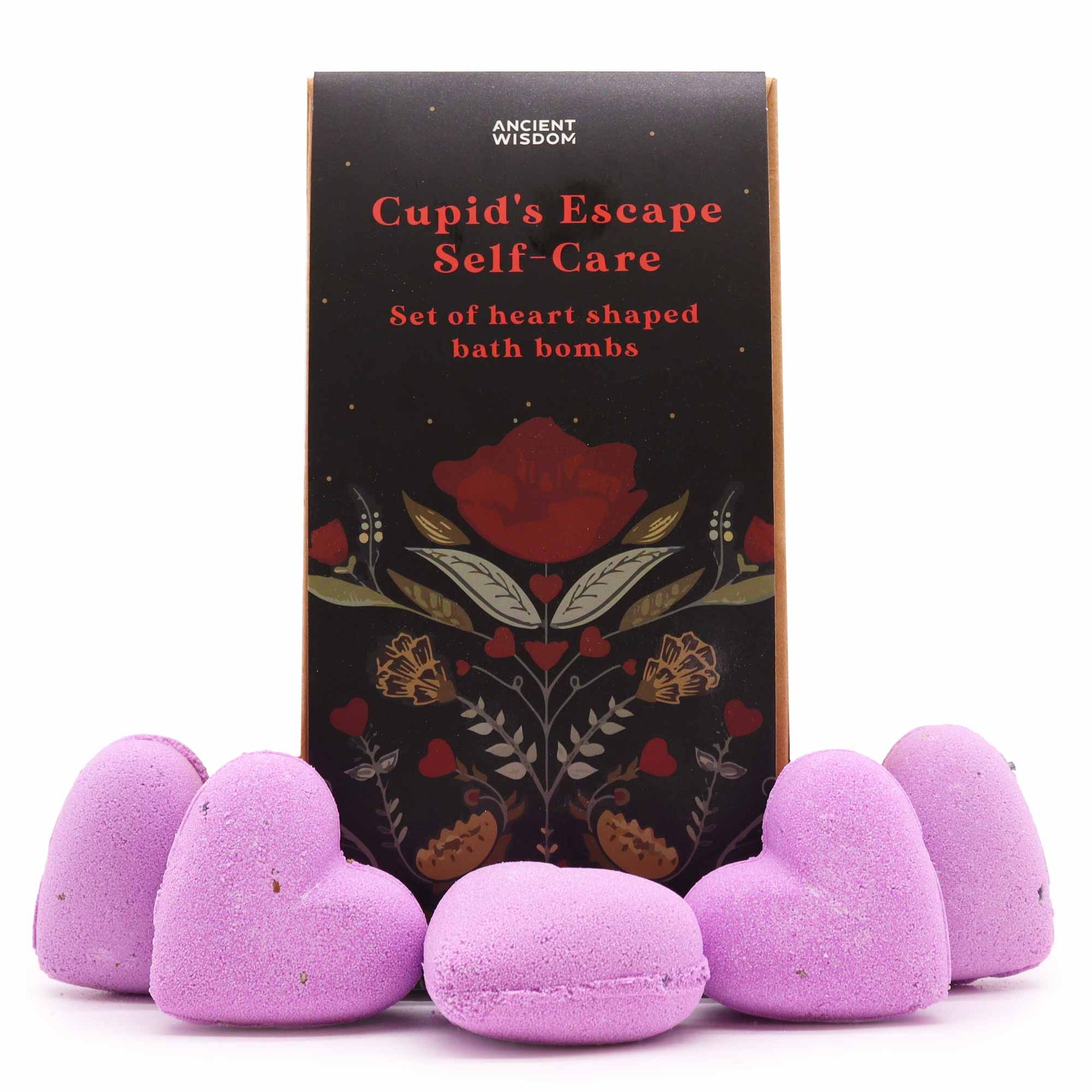5 x Vegan-Friendly Heart Shaped Bath Bomb Gift Set - Cupids Escape Self Care / French Lavender product packaging on clean background from Quintessential Holistic Health Ltd