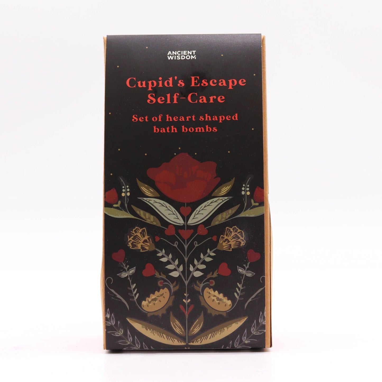 5 x Vegan-Friendly Heart Shaped Bath Bomb Gift Set - Cupids Escape Self Care / French Lavender product packaging on clean background from Quintessential Holistic Health Ltd