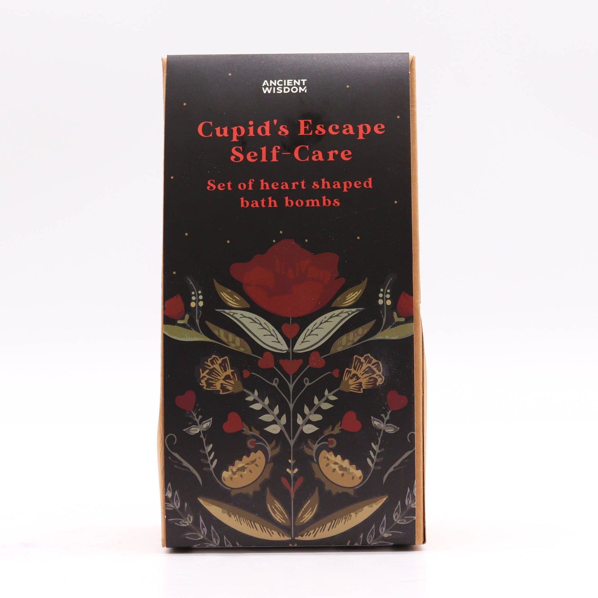 5 x Vegan-Friendly Heart Shaped Bath Bomb Gift Set - Cupids Escape Self Care / French Lavender product packaging on clean background from Quintessential Holistic Health Ltd
