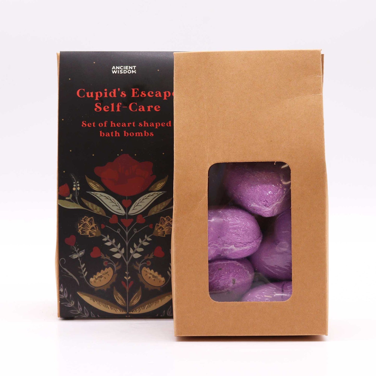 5 x Vegan-Friendly Heart Shaped Bath Bomb Gift Set - Cupids Escape Self Care / French Lavender product packaging on clean background from Quintessential Holistic Health Ltd
