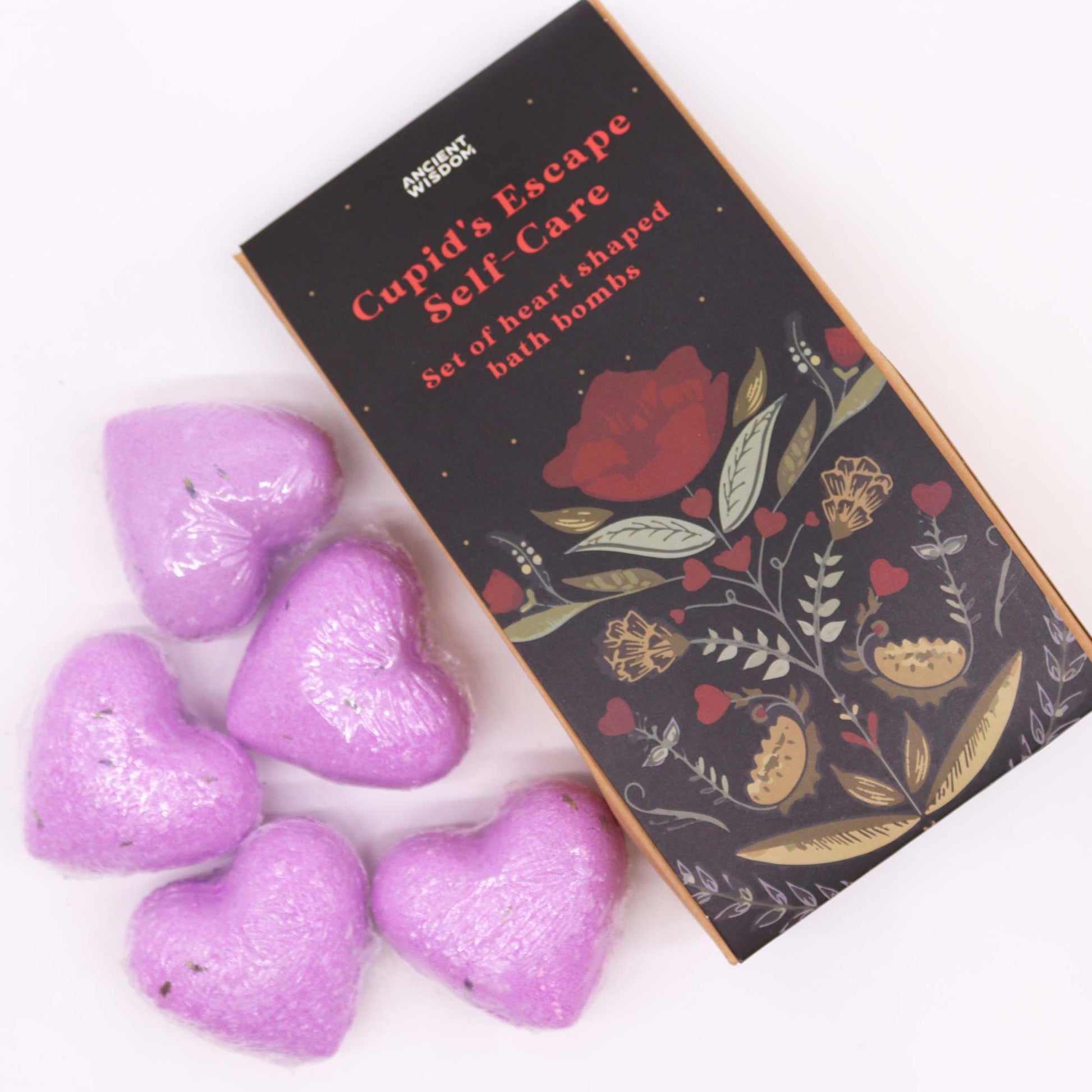 5 x Vegan-Friendly Heart Shaped Bath Bomb Gift Set - Cupids Escape Self Care / French Lavender product packaging on clean background from Quintessential Holistic Health Ltd