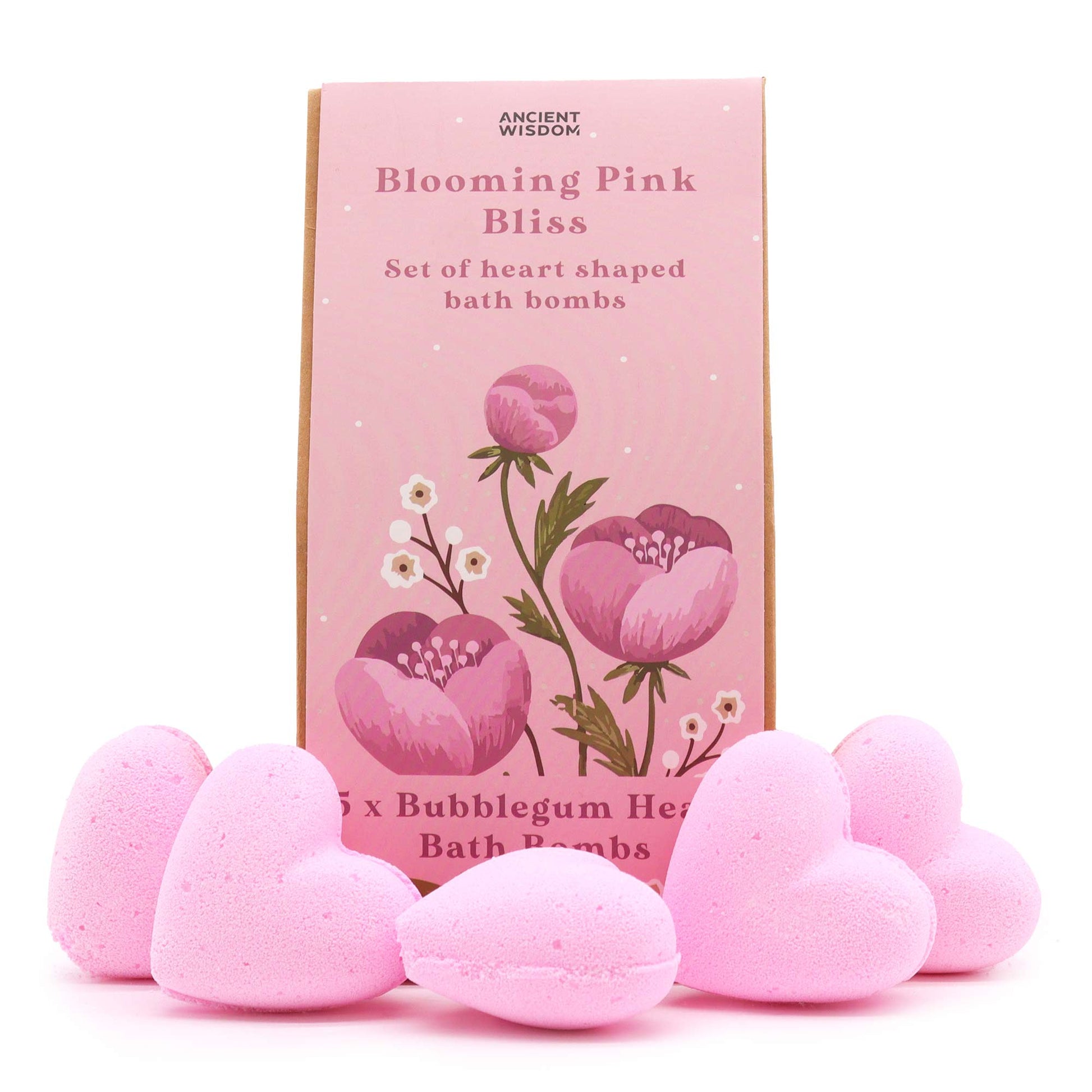 5 x Vegan-Friendly Heart Shaped Bath Bomb Gift Set - Blooming Pink Bliss / Bubblegum product packaging on clean background from Quintessential Holistic Health Ltd