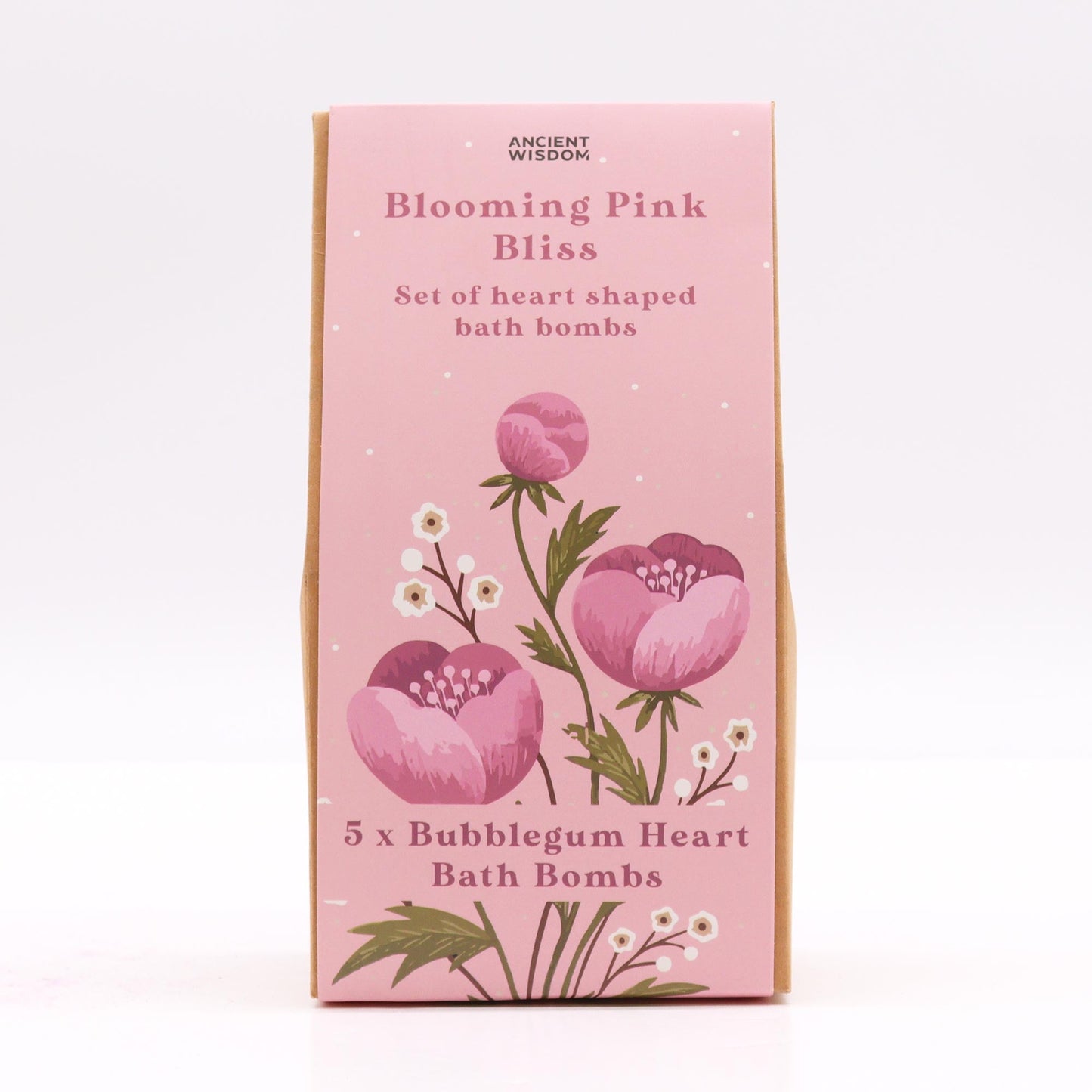 5 x Vegan-Friendly Heart Shaped Bath Bomb Gift Set - Blooming Pink Bliss / Bubblegum product packaging on clean background from Quintessential Holistic Health Ltd