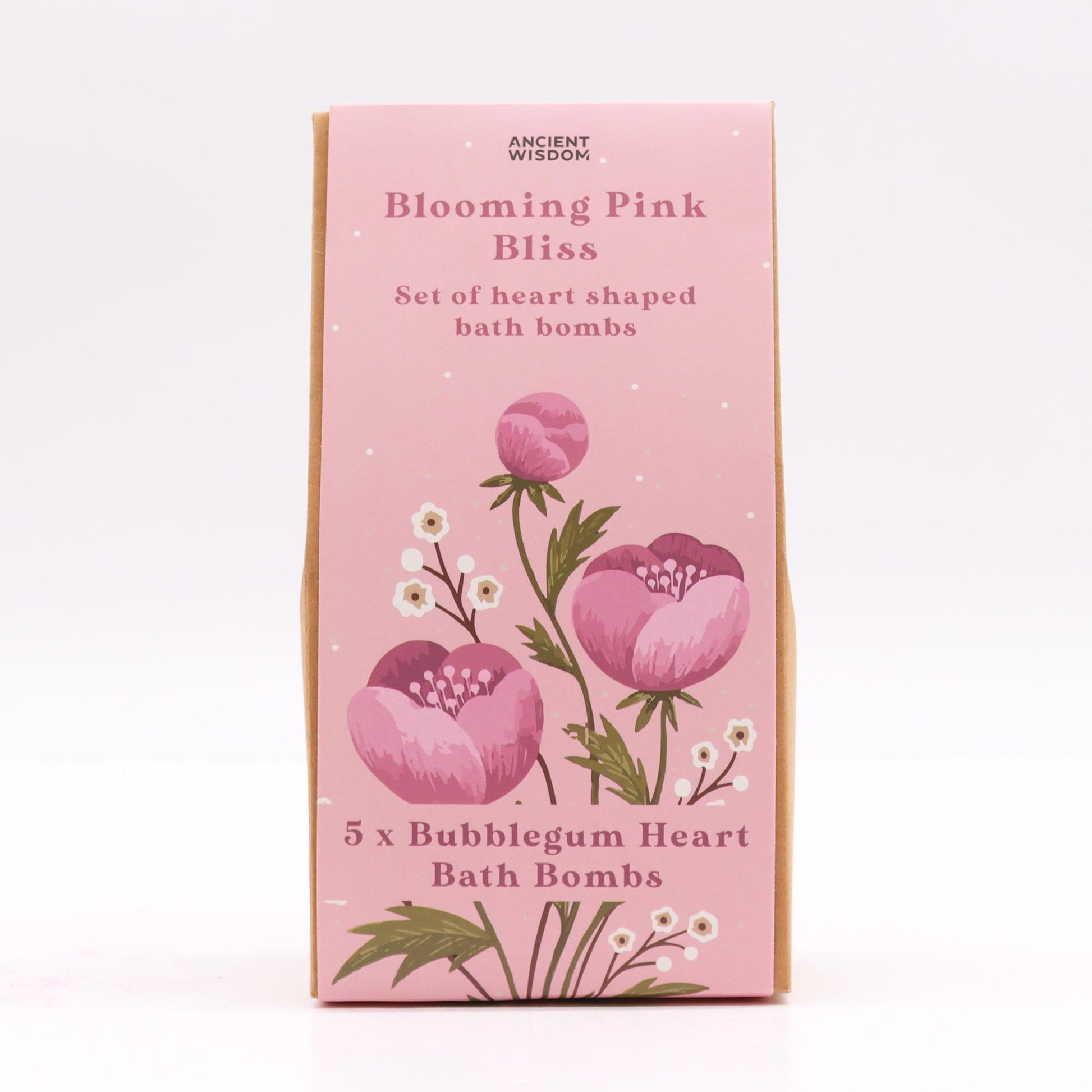 5 x Vegan-Friendly Heart Shaped Bath Bomb Gift Set - Blooming Pink Bliss / Bubblegum product packaging on clean background from Quintessential Holistic Health Ltd