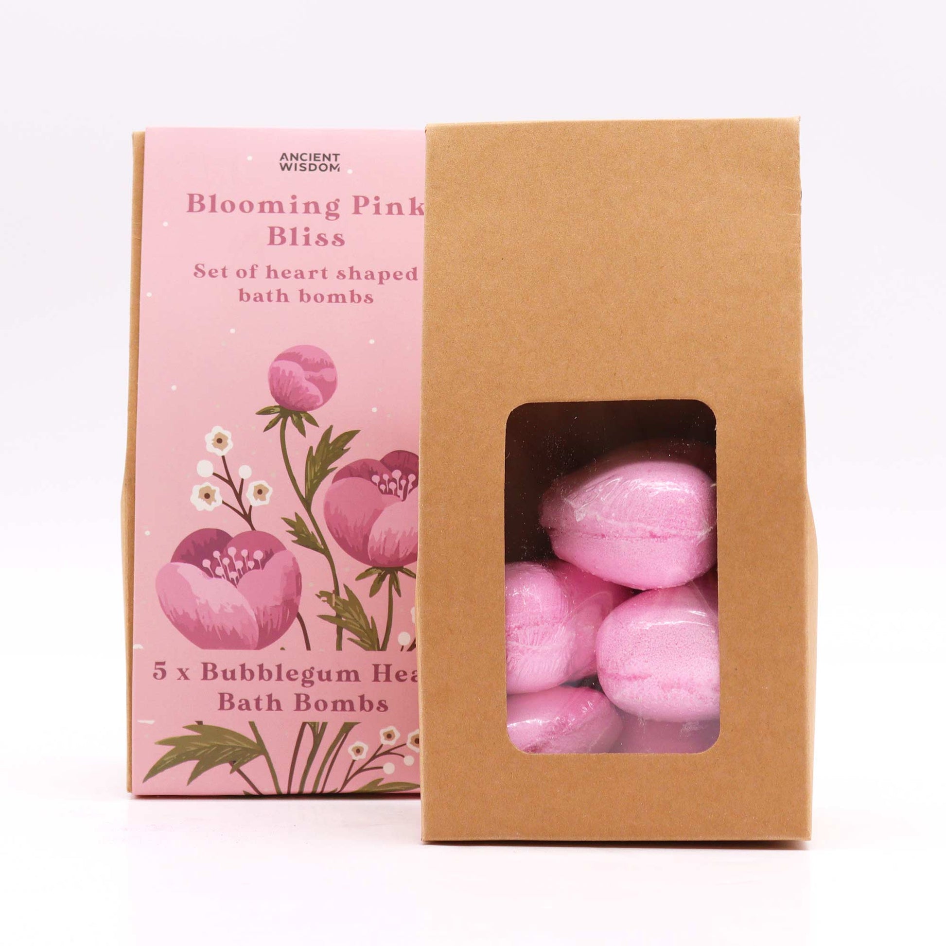 5 x Vegan-Friendly Heart Shaped Bath Bomb Gift Set - Blooming Pink Bliss / Bubblegum product packaging on clean background from Quintessential Holistic Health Ltd