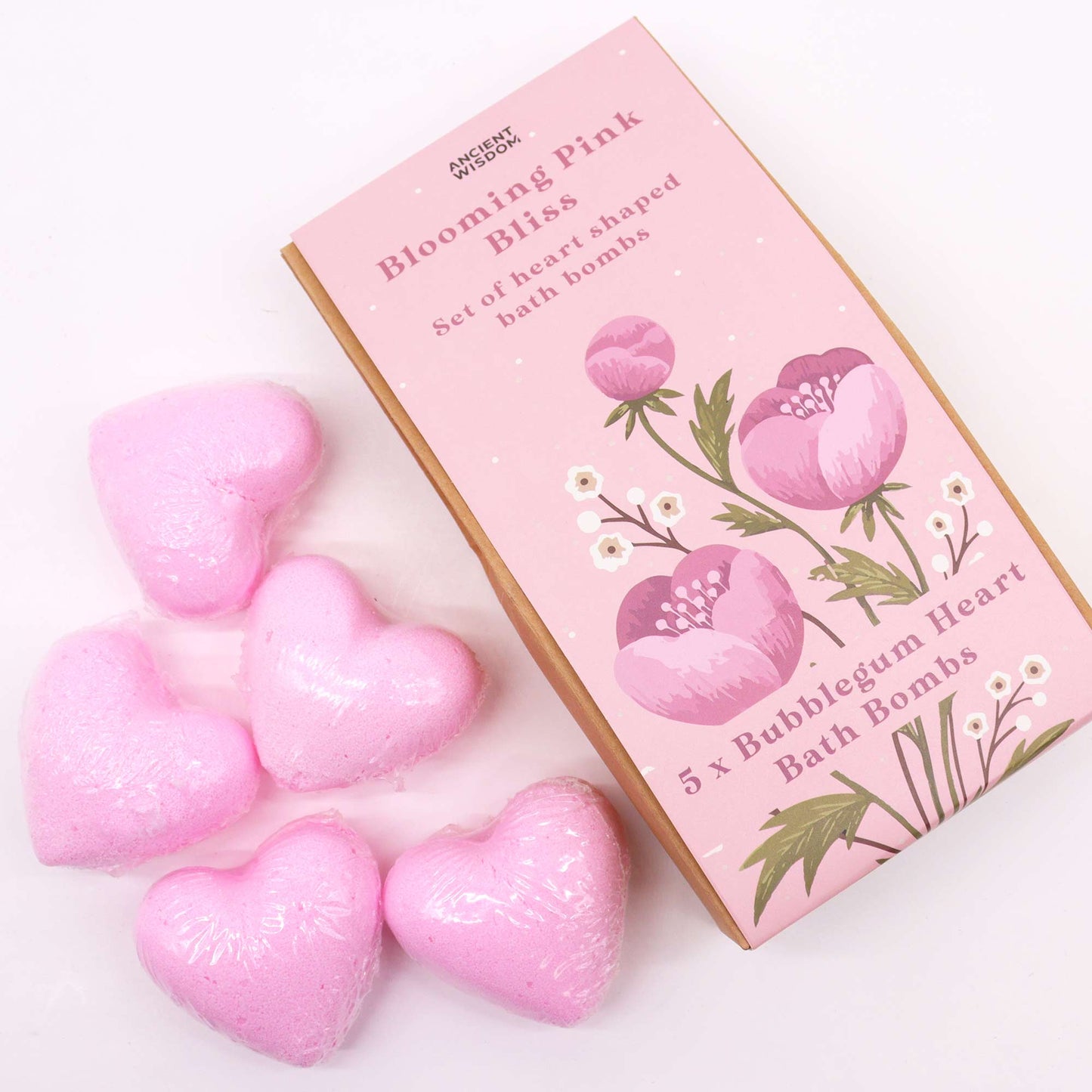 5 x Vegan-Friendly Heart Shaped Bath Bomb Gift Set - Blooming Pink Bliss / Bubblegum product packaging on clean background from Quintessential Holistic Health Ltd