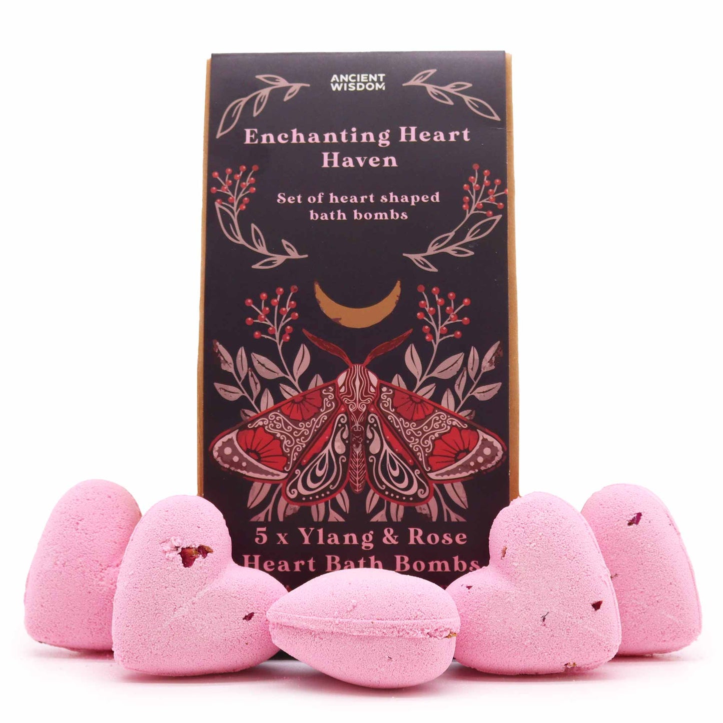 5 x Vegan-Friendly Heart Shaped Bath Bomb Gift Set - Enchanting Heart Haven / Ylang and Rose product packaging on clean background from Quintessential Holistic Health Ltd