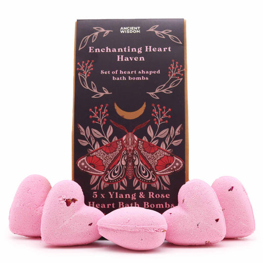 five heart bath bombs, visible form and surface finish in image 1 from Quintessential Holistic Health.