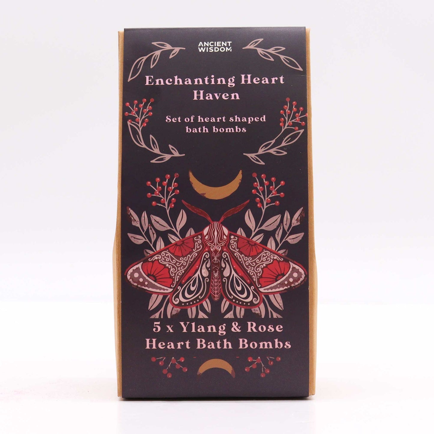 5 x Vegan-Friendly Heart Shaped Bath Bomb Gift Set - Enchanting Heart Haven / Ylang and Rose product packaging on clean background from Quintessential Holistic Health Ltd