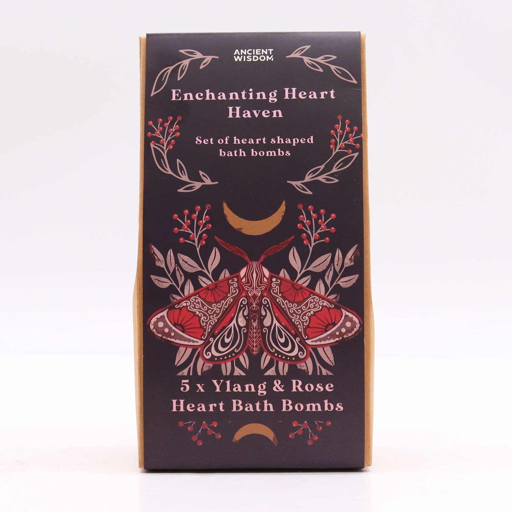 5 x Vegan-Friendly Heart Shaped Bath Bomb Gift Set - Enchanting Heart Haven / Ylang and Rose product packaging on clean background from Quintessential Holistic Health Ltd