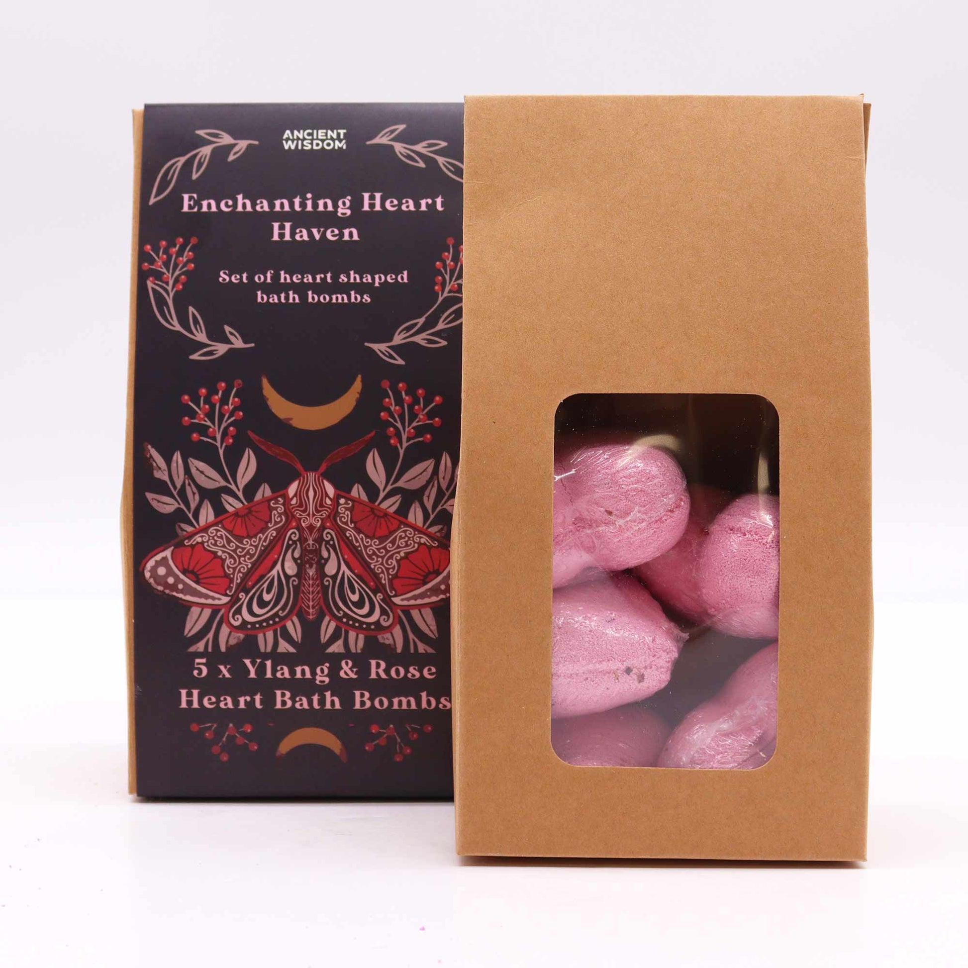 5 x Vegan-Friendly Heart Shaped Bath Bomb Gift Set - Enchanting Heart Haven / Ylang and Rose product packaging on clean background from Quintessential Holistic Health Ltd
