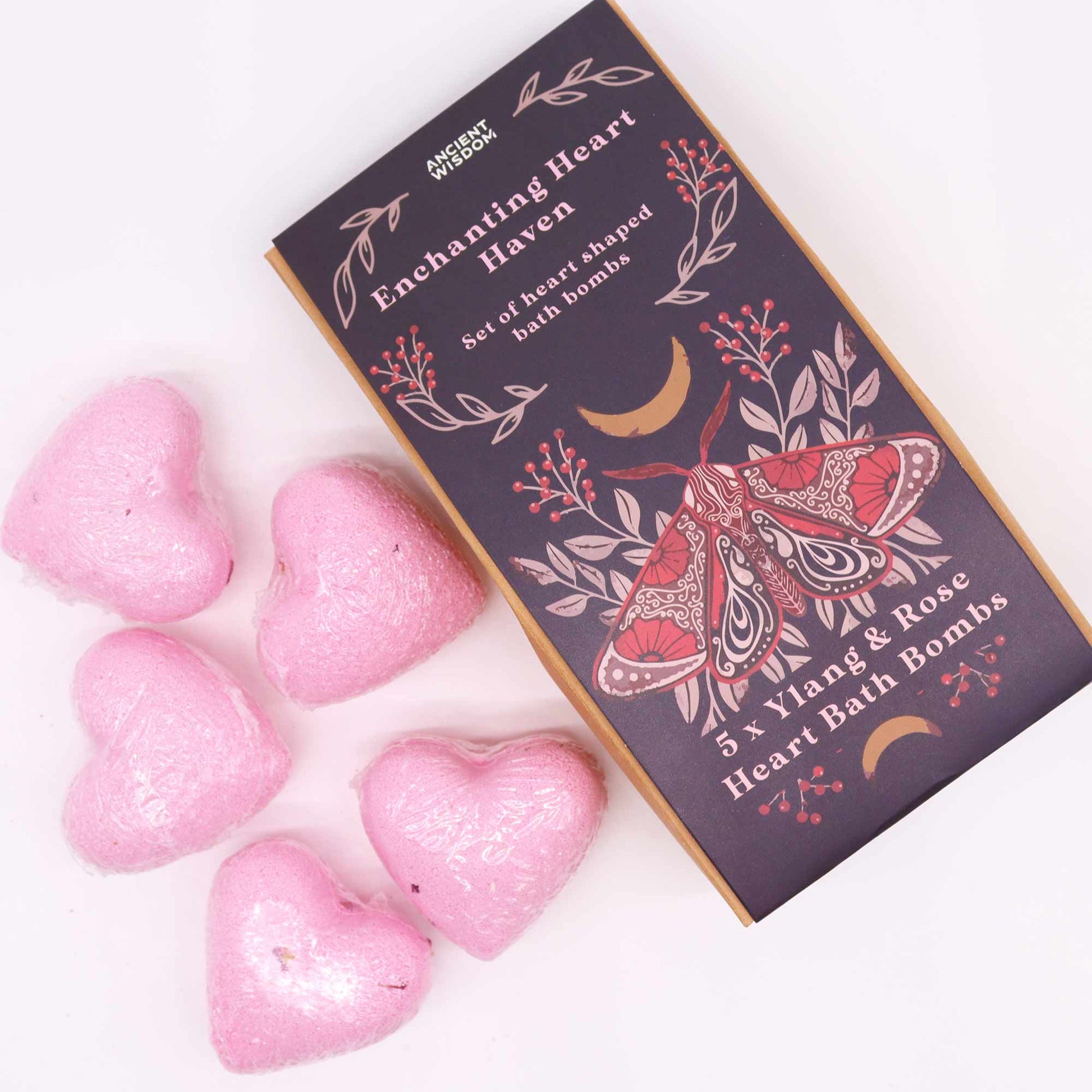 5 x Vegan-Friendly Heart Shaped Bath Bomb Gift Set - Enchanting Heart Haven / Ylang and Rose product packaging on clean background from Quintessential Holistic Health Ltd