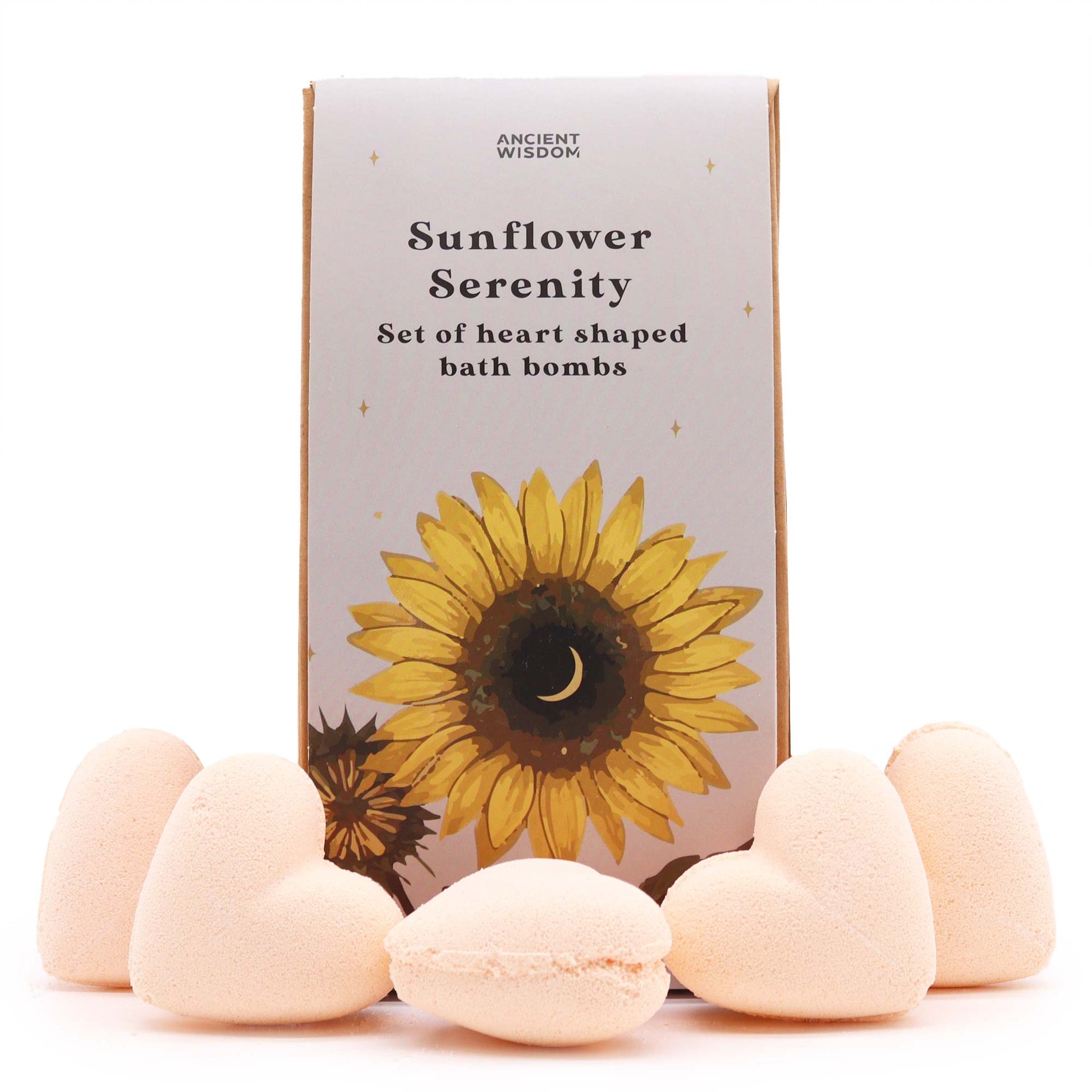 5 x Vegan-Friendly Heart Shaped Bath Bomb Gift Set - Sunflower Serenity / Passion Fruit product packaging on clean background from Quintessential Holistic Health Ltd