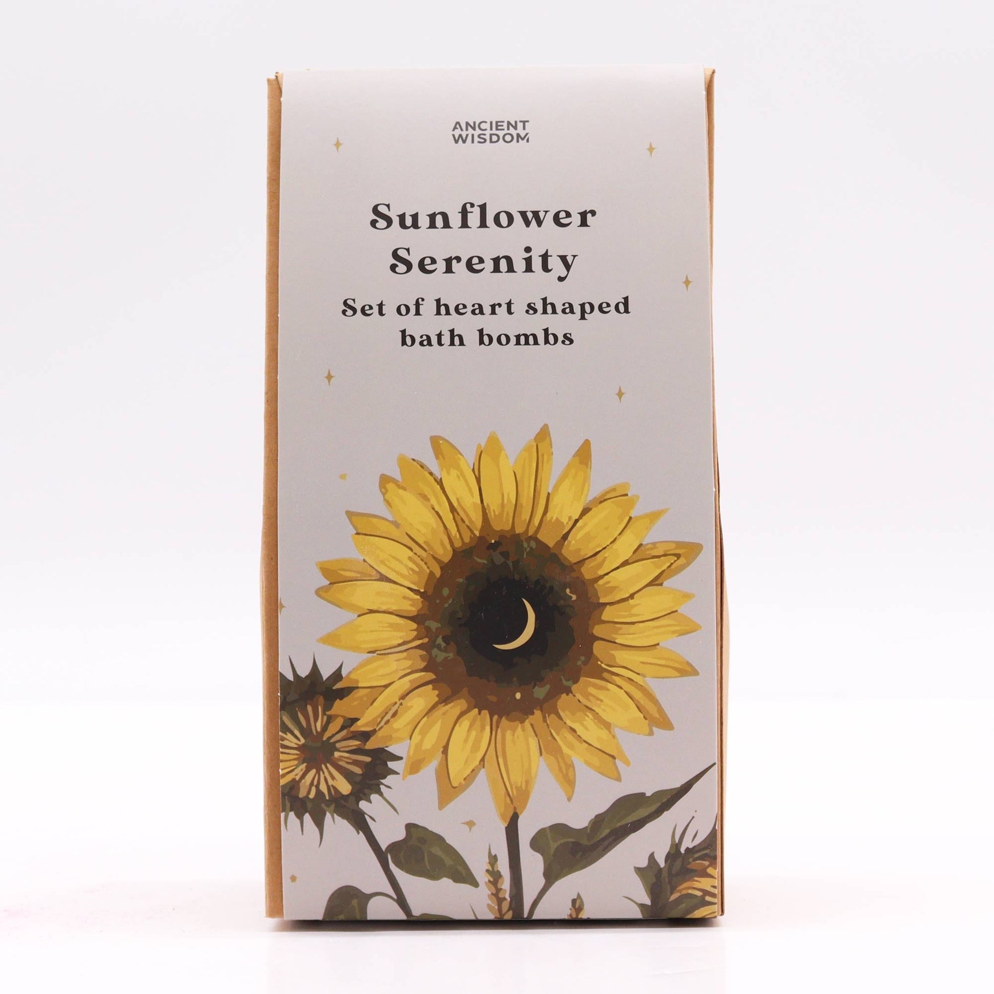 5 x Vegan-Friendly Heart Shaped Bath Bomb Gift Set - Sunflower Serenity / Passion Fruit product packaging on clean background from Quintessential Holistic Health Ltd