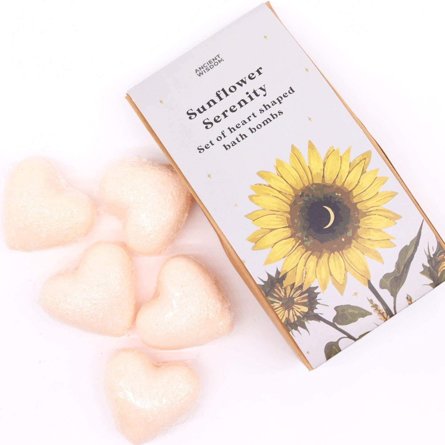 5 x Vegan-Friendly Heart Shaped Bath Bomb Gift Set - Sunflower Serenity / Passion Fruit product packaging on clean background from Quintessential Holistic Health Ltd