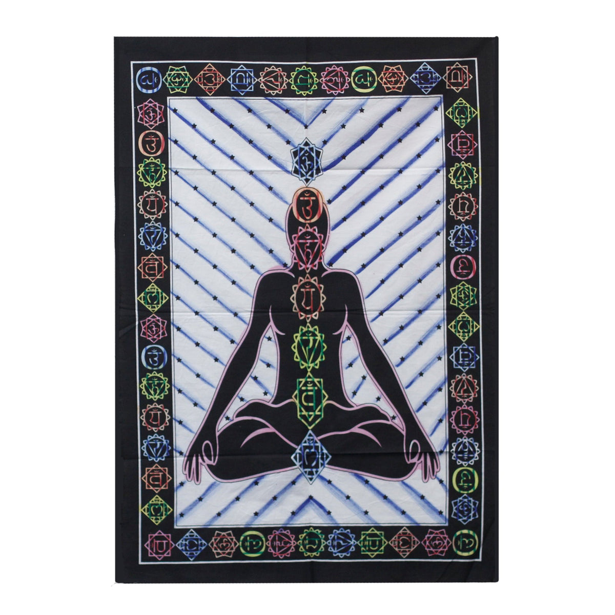 Hand-Brushed Cotton Wall Art - Lotus Pose Chakra, seated black silhouette with colourful chakra symbols and blue radiating lines, by Quintessential Holistic Health Ltd