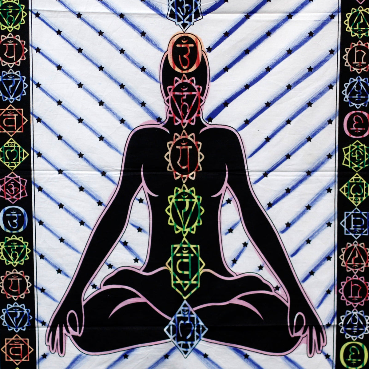 Hand-Brushed Cotton Wall Art - Lotus Pose Chakra, close view of the seated figure with colourful chakra symbols and blue lines, by Quintessential Holistic Health Ltd