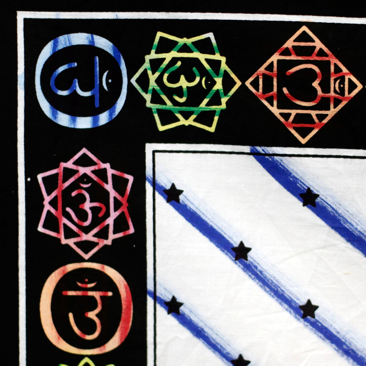 Hand-Brushed Cotton Wall Art - Lotus Pose Chakra, close view of multicoloured chakra symbols and a blue-striped field, by Quintessential Holistic Health Ltd