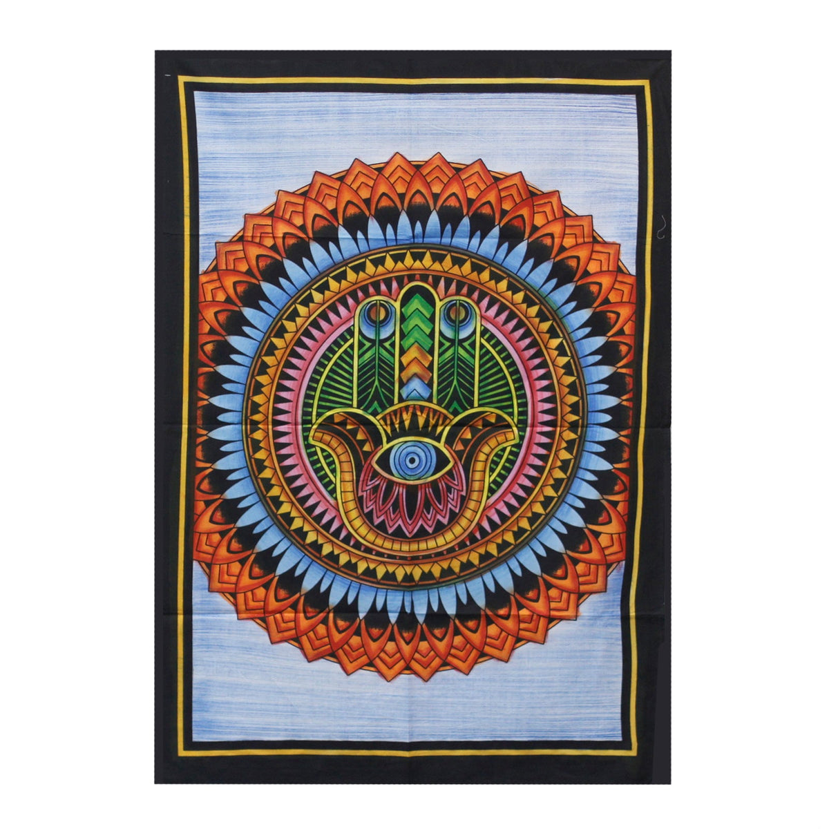 Hand-Brushed Cotton Wall Art - Hamsa, central hand and eye motif surrounded by orange, blue and black circular patterns, by Quintessential Holistic Health Ltd