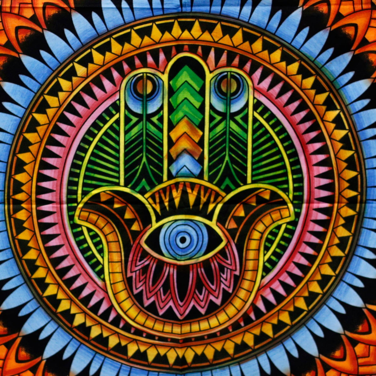 Hand-Brushed Cotton Wall Art - Hamsa, close view of the green hand, blue eye and bright geometric border, by Quintessential Holistic Health Ltd