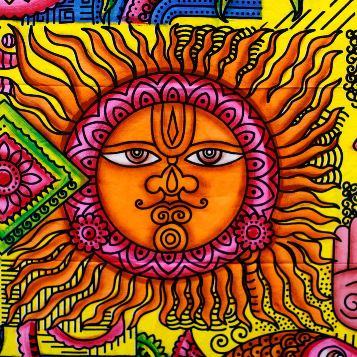 Hand-Brushed Cotton Wall Art - Sun, close view of the orange face with curling yellow rays and pink details, by Quintessential Holistic Health Ltd