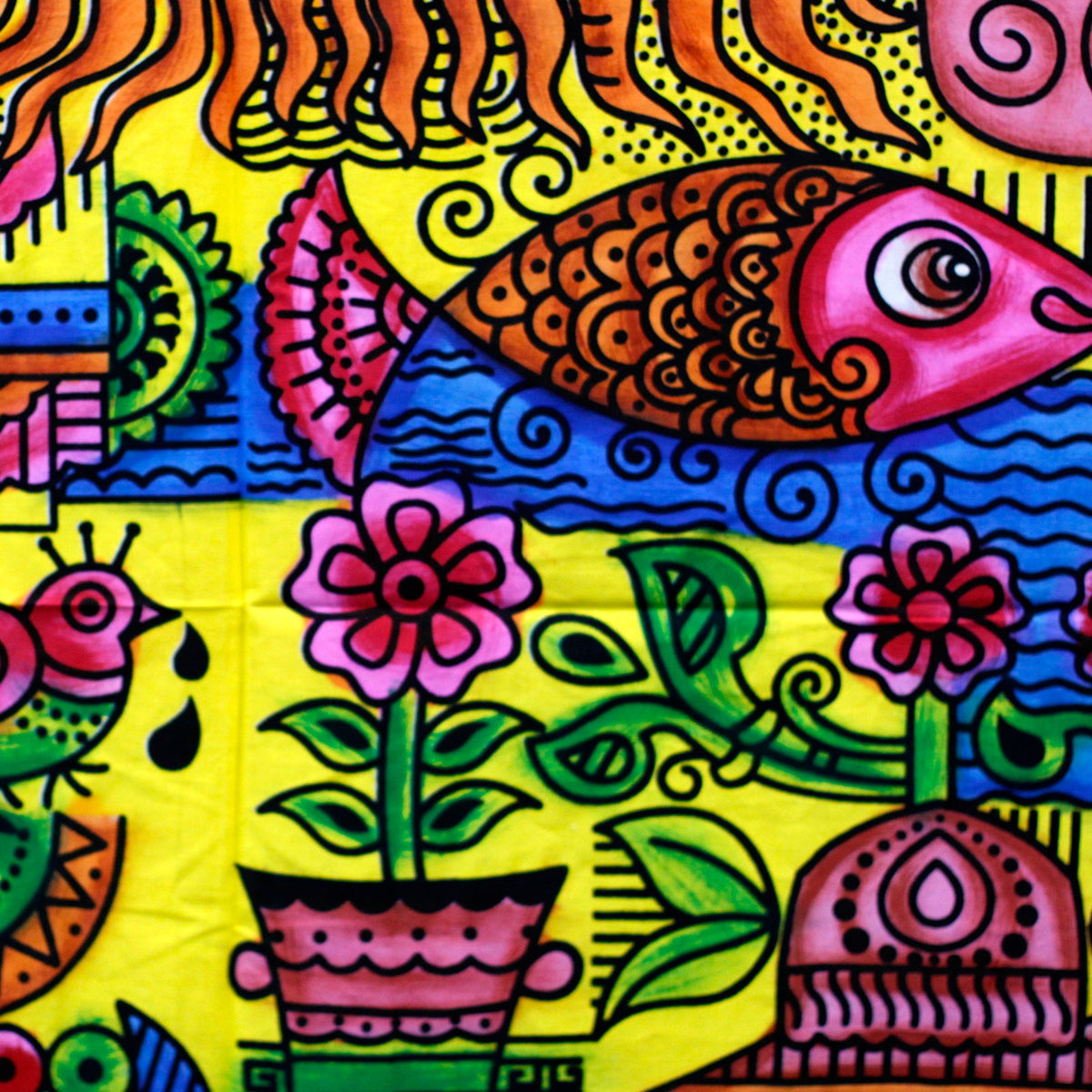 Hand-Brushed Cotton Wall Art - Sun, close view of a pink fish, potted flowers and brightly coloured patterns, by Quintessential Holistic Health Ltd