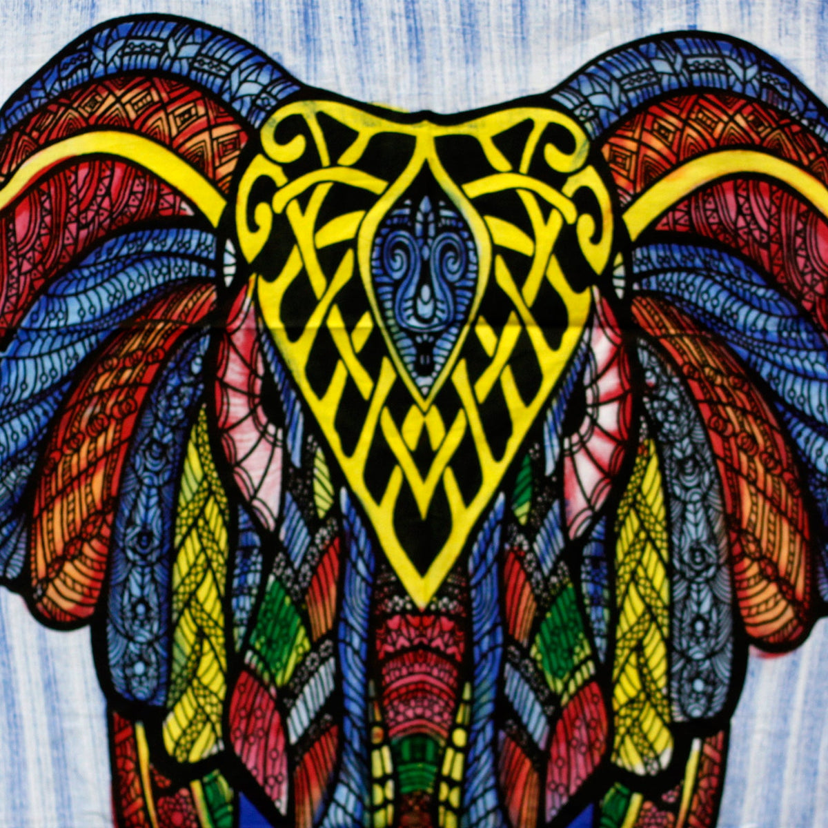 Hand-Brushed Cotton Wall Art - Elephant, close view of the ornate yellow headpiece and multicoloured ears, by Quintessential Holistic Health Ltd