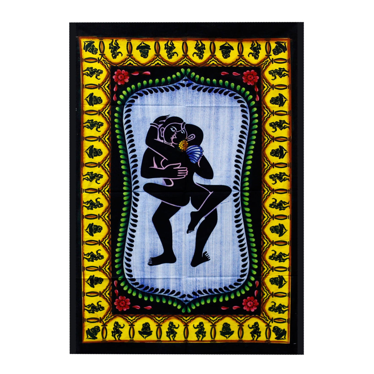 Hand-Brushed Cotton Wall Art - Kamasutra, black embracing couple silhouette framed by yellow and green patterns, by Quintessential Holistic Health Ltd