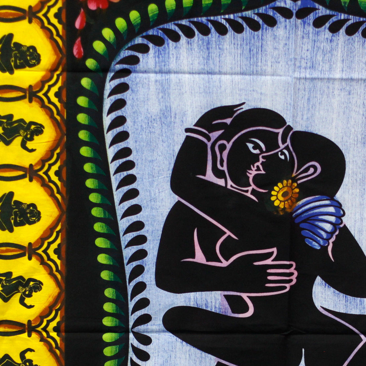 Hand-Brushed Cotton Wall Art - Kamasutra, close view of the embracing couple with a flower and green scalloped border, by Quintessential Holistic Health Ltd