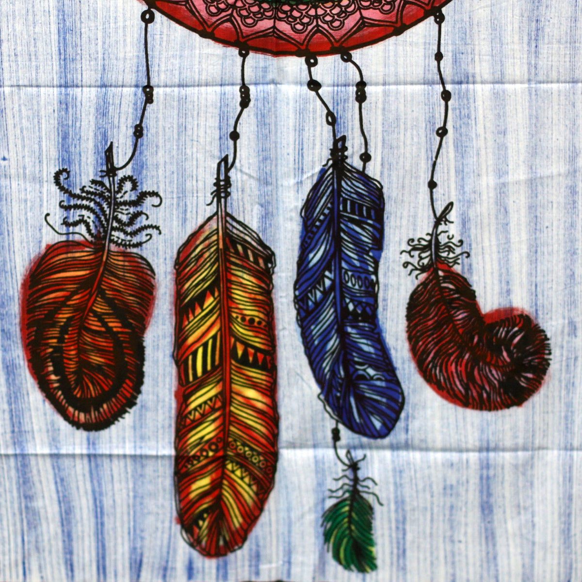 Hand-Brushed Cotton Wall Art - Dreamcatcher, close view of patterned red, yellow and blue hanging feathers, by Quintessential Holistic Health Ltd