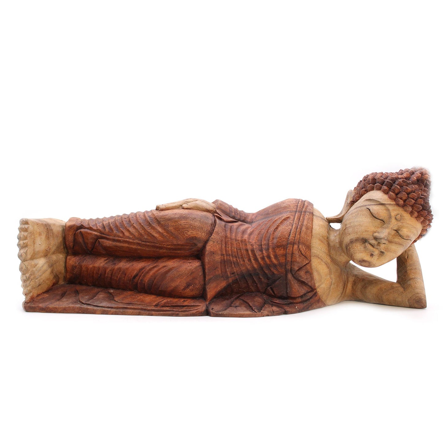 Hand Carved Suar Wooden Sleeping Buddha - 50cm product packaging on clean background from Quintessential Holistic Health Ltd