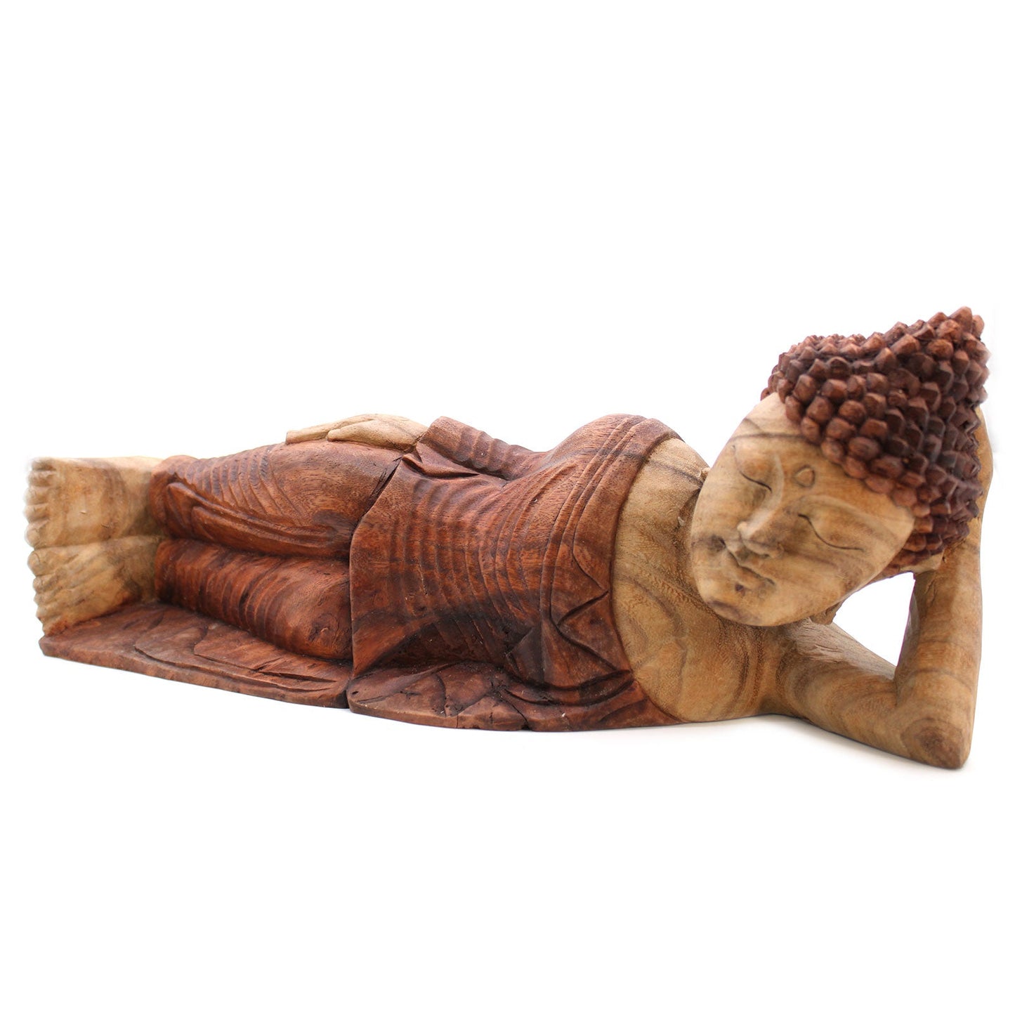 Hand Carved Suar Wooden Sleeping Buddha - 50cm product packaging on clean background from Quintessential Holistic Health Ltd