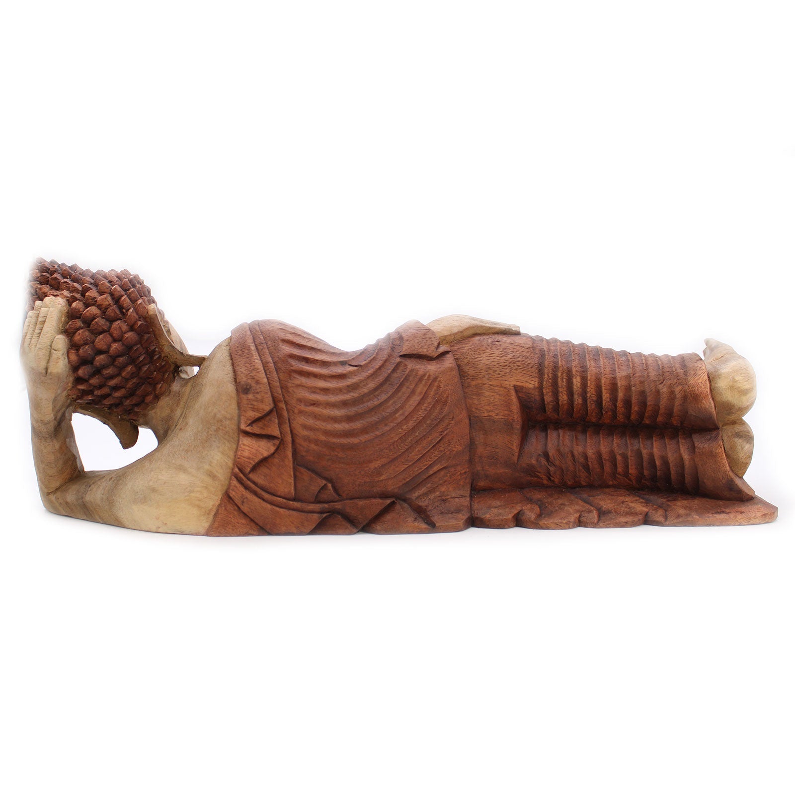 Hand Carved Suar Wooden Sleeping Buddha - 50cm product packaging on clean background from Quintessential Holistic Health Ltd