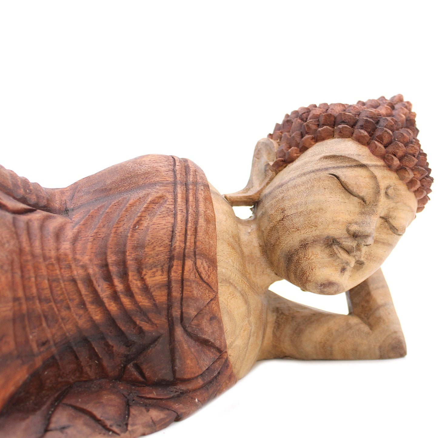 Hand Carved Suar Wooden Sleeping Buddha - 50cm product packaging on clean background from Quintessential Holistic Health Ltd
