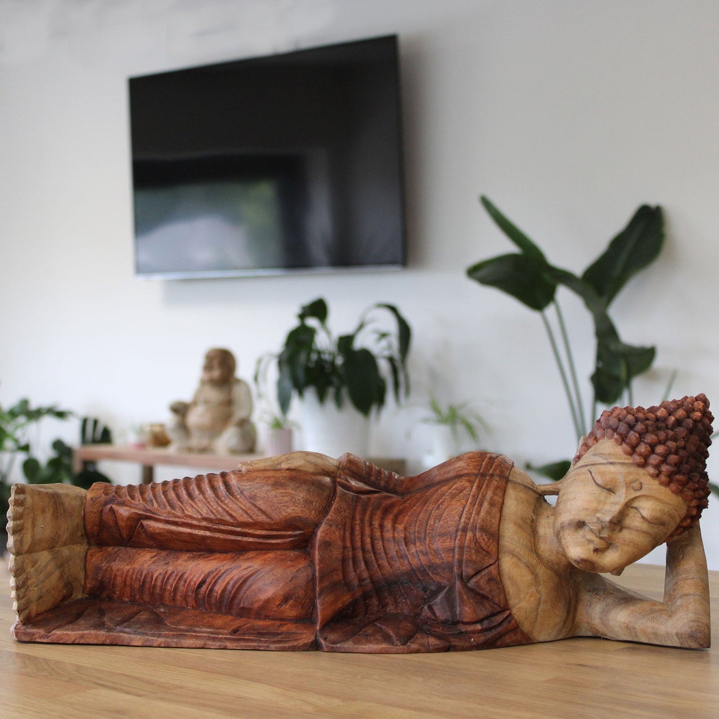 Hand Carved Suar Wooden Sleeping Buddha - 50cm product packaging on clean background from Quintessential Holistic Health Ltd