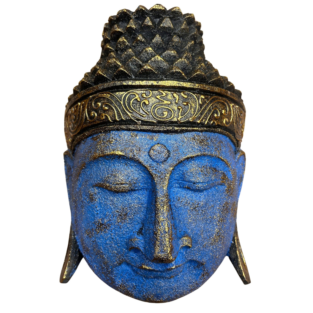 Hand-Carved Albasia Wood Buddha Head - Blue and Gold, close front view with closed eyes and a patterned gold crown by Quintessential Holistic Health Ltd
