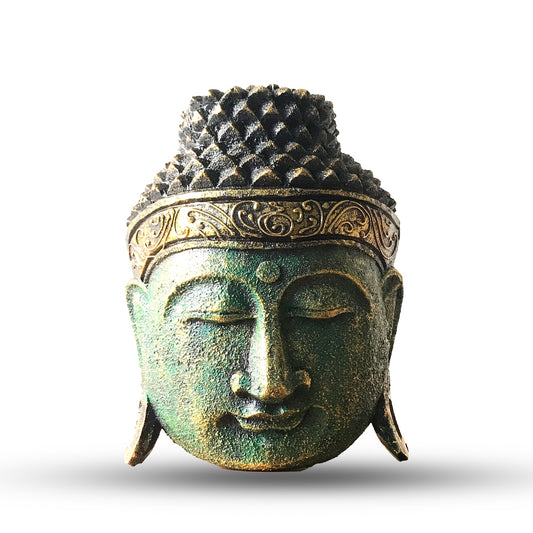 Hand Carved Alabasia Wooden Buddha Head - Green and Gold - main product image from Quintessential Holistic Health Ltd UK