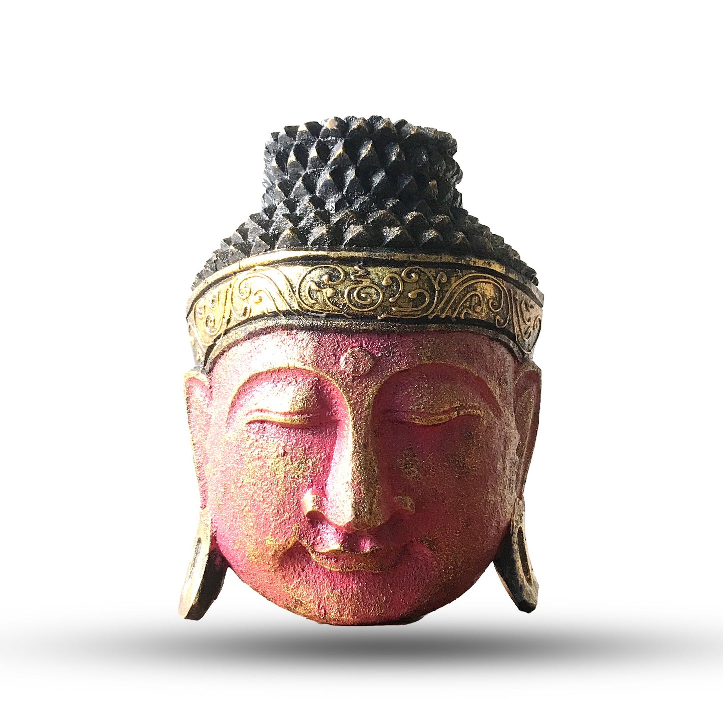 Hand-Carved Albasia Wood Buddha Head - Red and Gold, pink-red face with closed eyes and an ornate gold crown by Quintessential Holistic Health Ltd