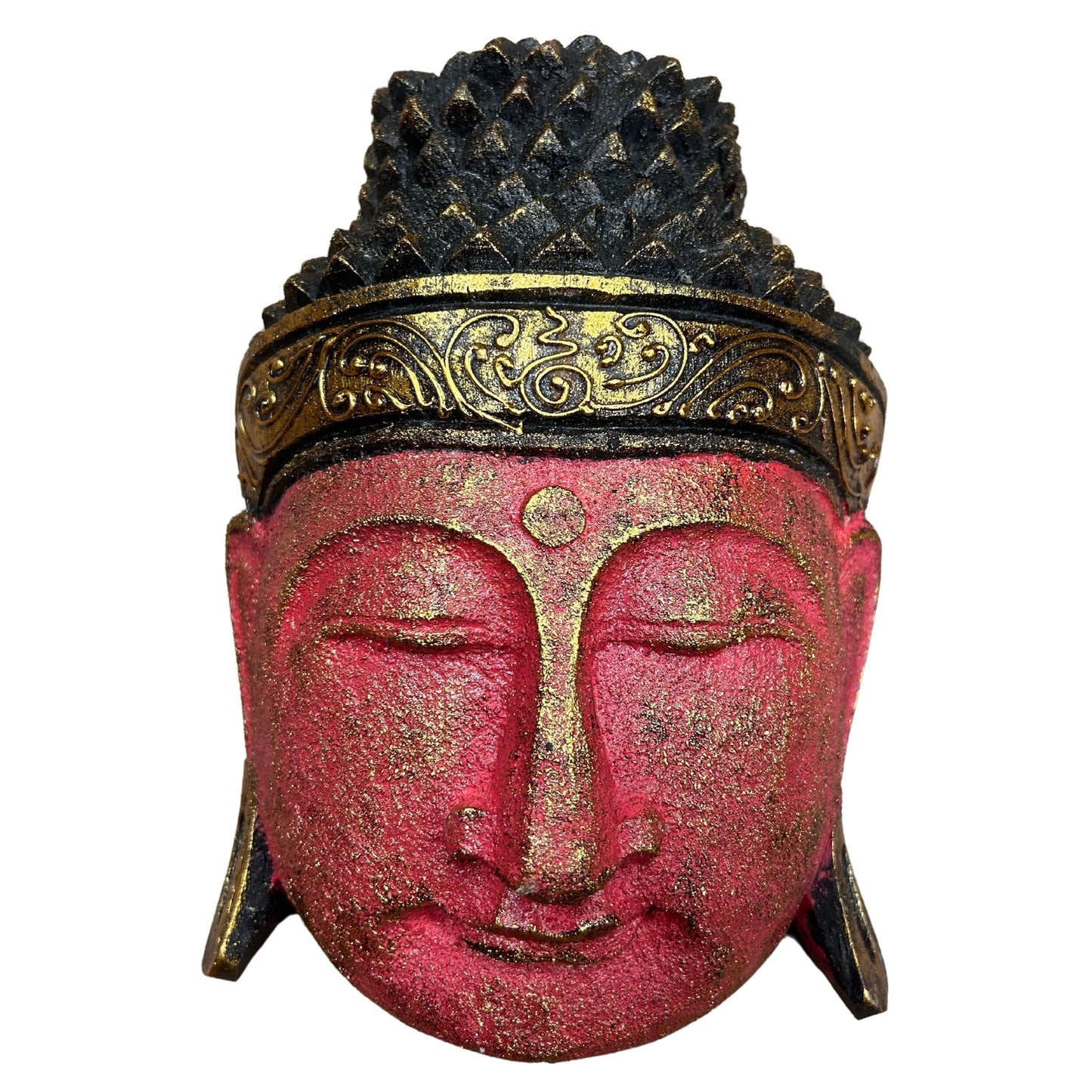 Hand-Carved Albasia Wood Buddha Head - Red and Gold, deep red face with closed eyes, dark curls and an ornate headdress by Quintessential Holistic Health Ltd