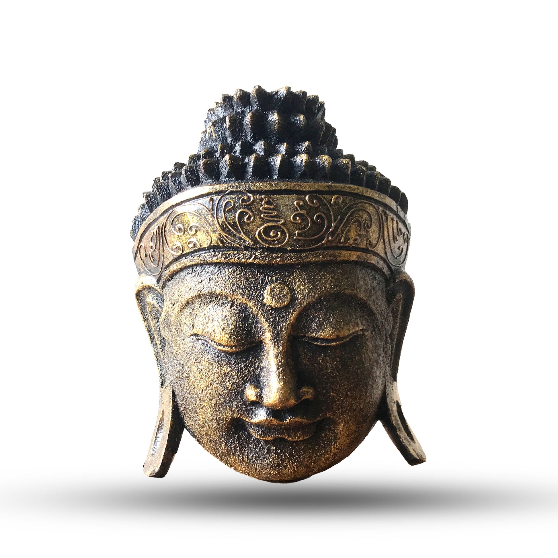 Hand Carved Alabasia Wooden Buddha Head - Gold product packaging on clean background from Quintessential Holistic Health Ltd