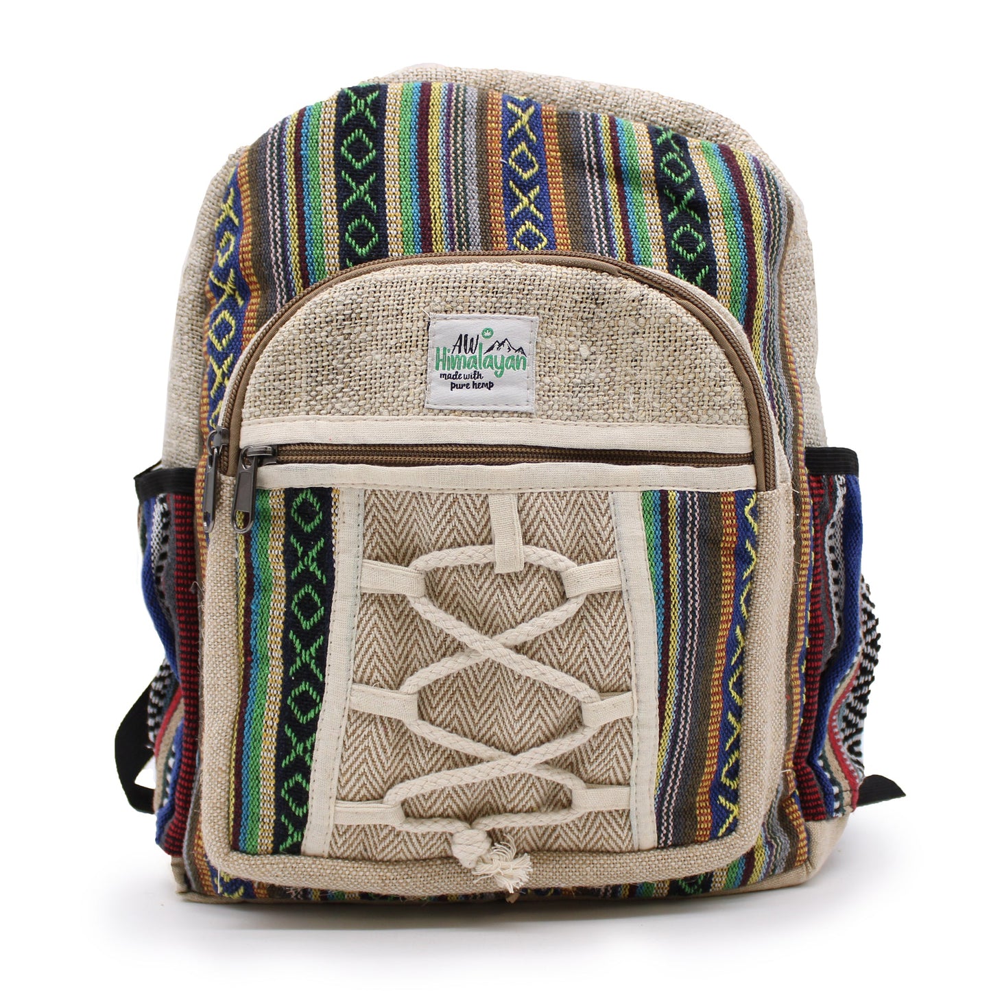 Eco-Friendly Hemp and Cotton Backpack - Small / Rope and Pockets / Random Colour product packaging on clean background from Quintessential Holistic Health Ltd