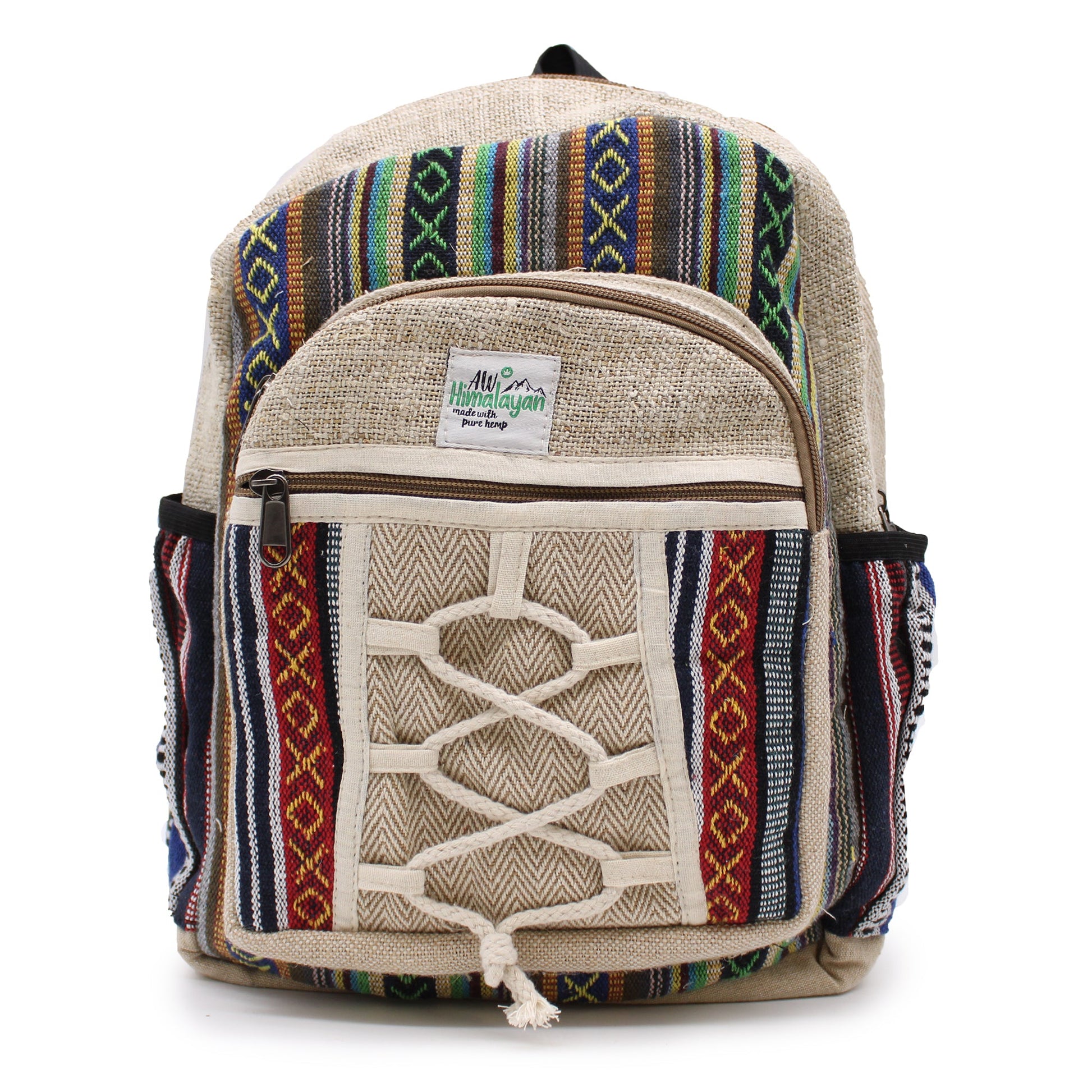 Eco-Friendly Hemp and Cotton Backpack - Small / Rope and Pockets / Random Colour product packaging on clean background from Quintessential Holistic Health Ltd