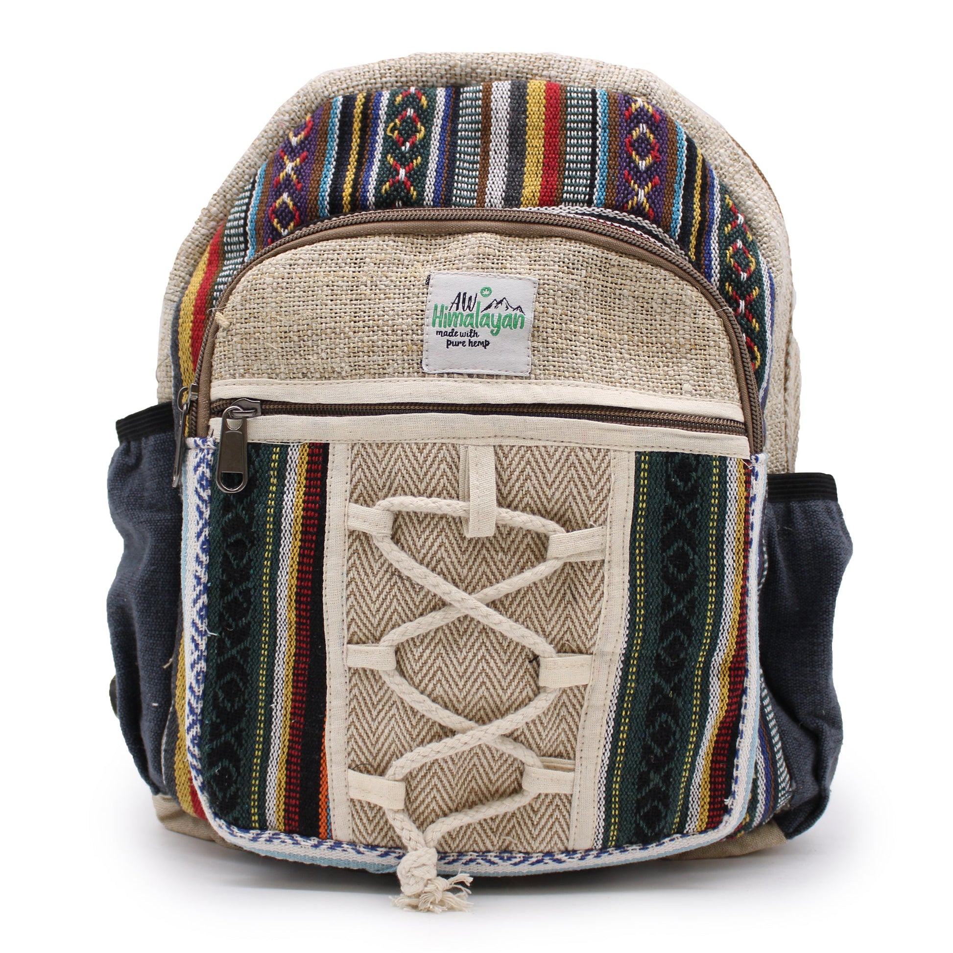 Eco-Friendly Hemp and Cotton Backpack - Small / Rope and Pockets / Random Colour product packaging on clean background from Quintessential Holistic Health Ltd