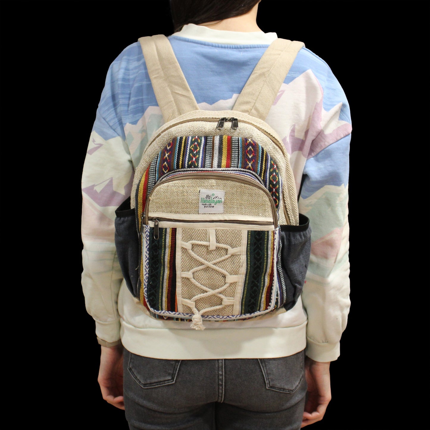 Eco-Friendly Hemp and Cotton Backpack - Small / Rope and Pockets / Random Colour product packaging on clean background from Quintessential Holistic Health Ltd