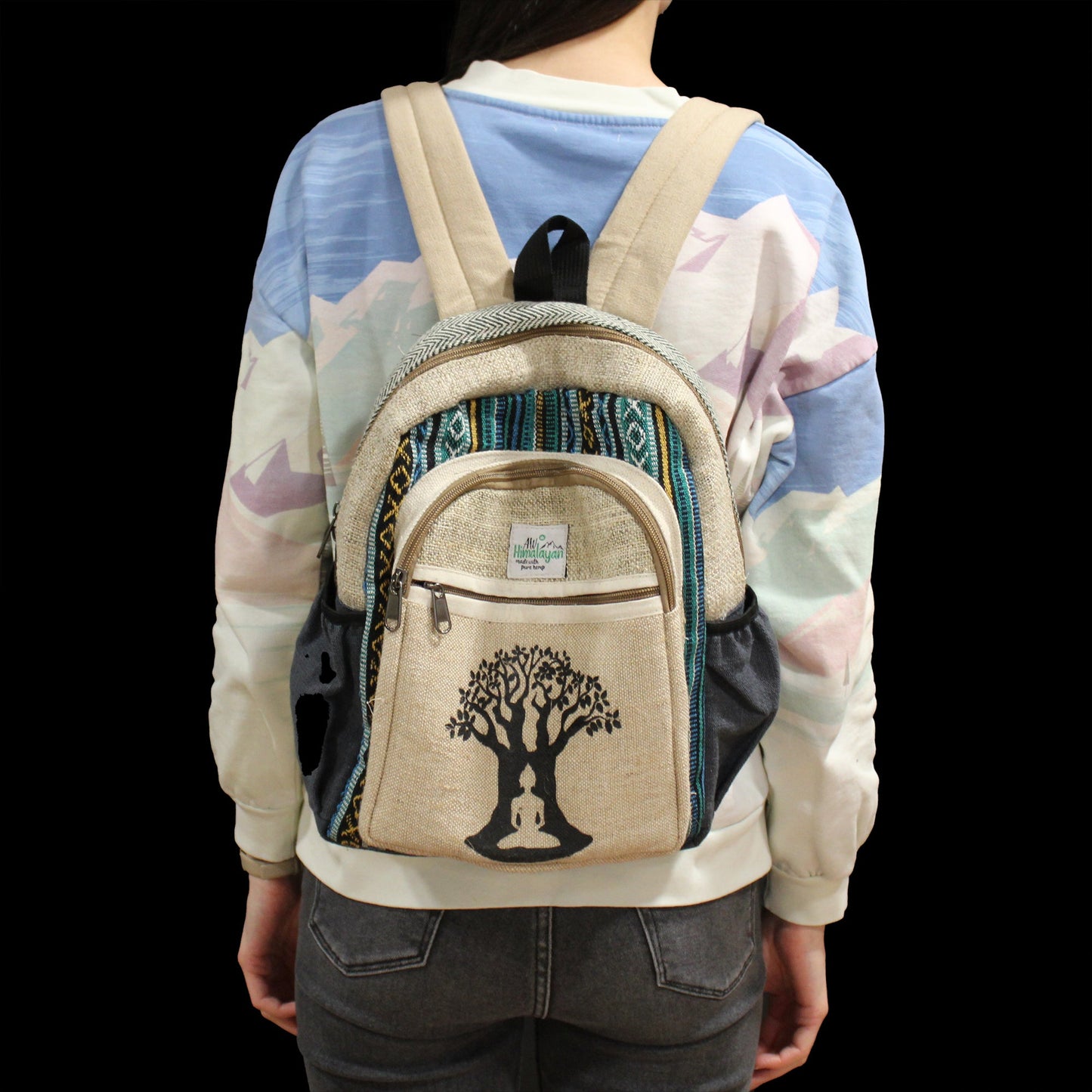 Eco-Friendly Hemp and Cotton Backpack - Small / Bohdi Tree / Random Colour product packaging on clean background from Quintessential Holistic Health Ltd