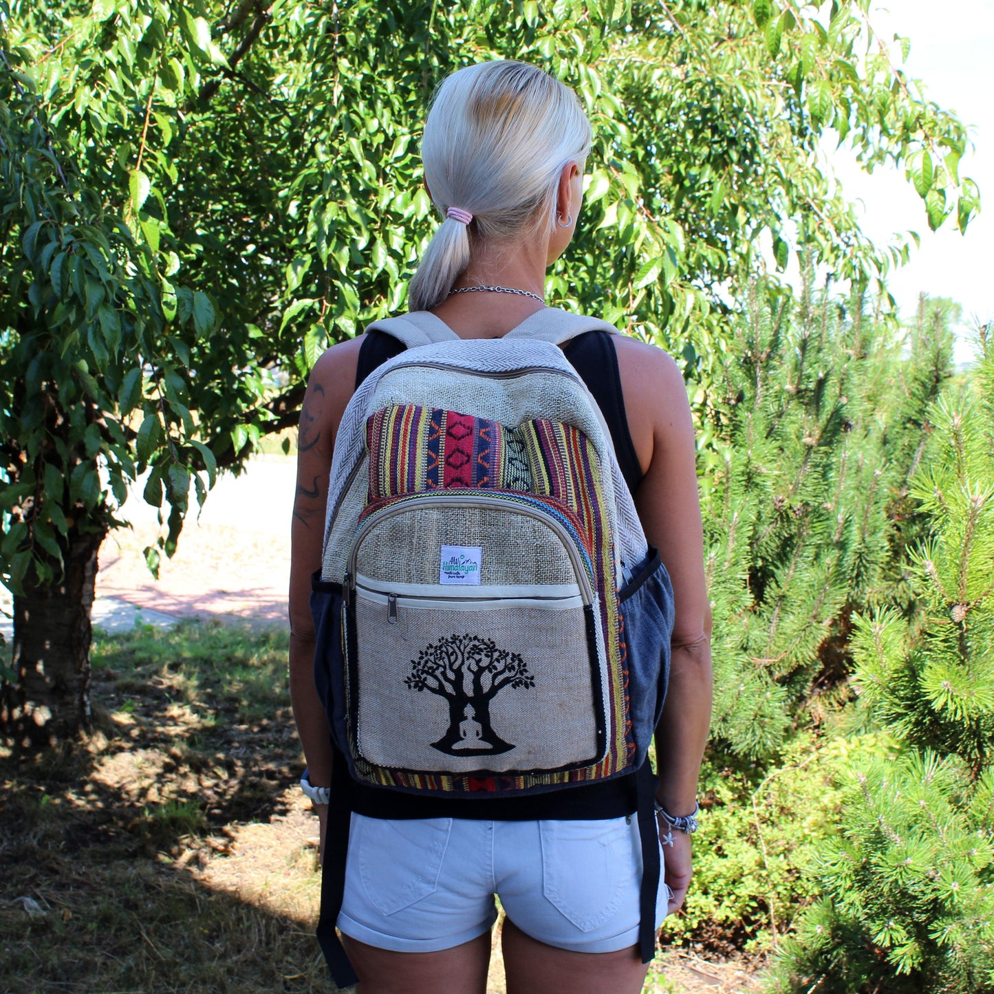 Eco-Friendly Hemp and Cotton Backpack - Large / Bohdi Tree / Random Colour product packaging on clean background from Quintessential Holistic Health Ltd