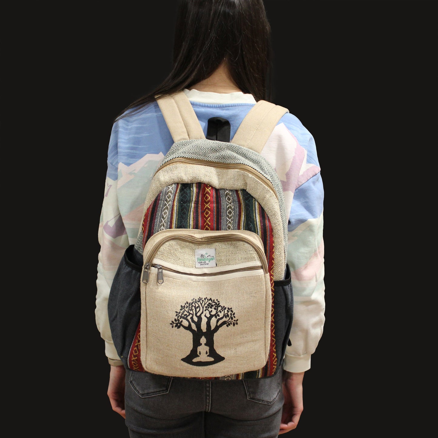 Eco-Friendly Hemp and Cotton Backpack - Large / Bohdi Tree / Random Colour product packaging on clean background from Quintessential Holistic Health Ltd